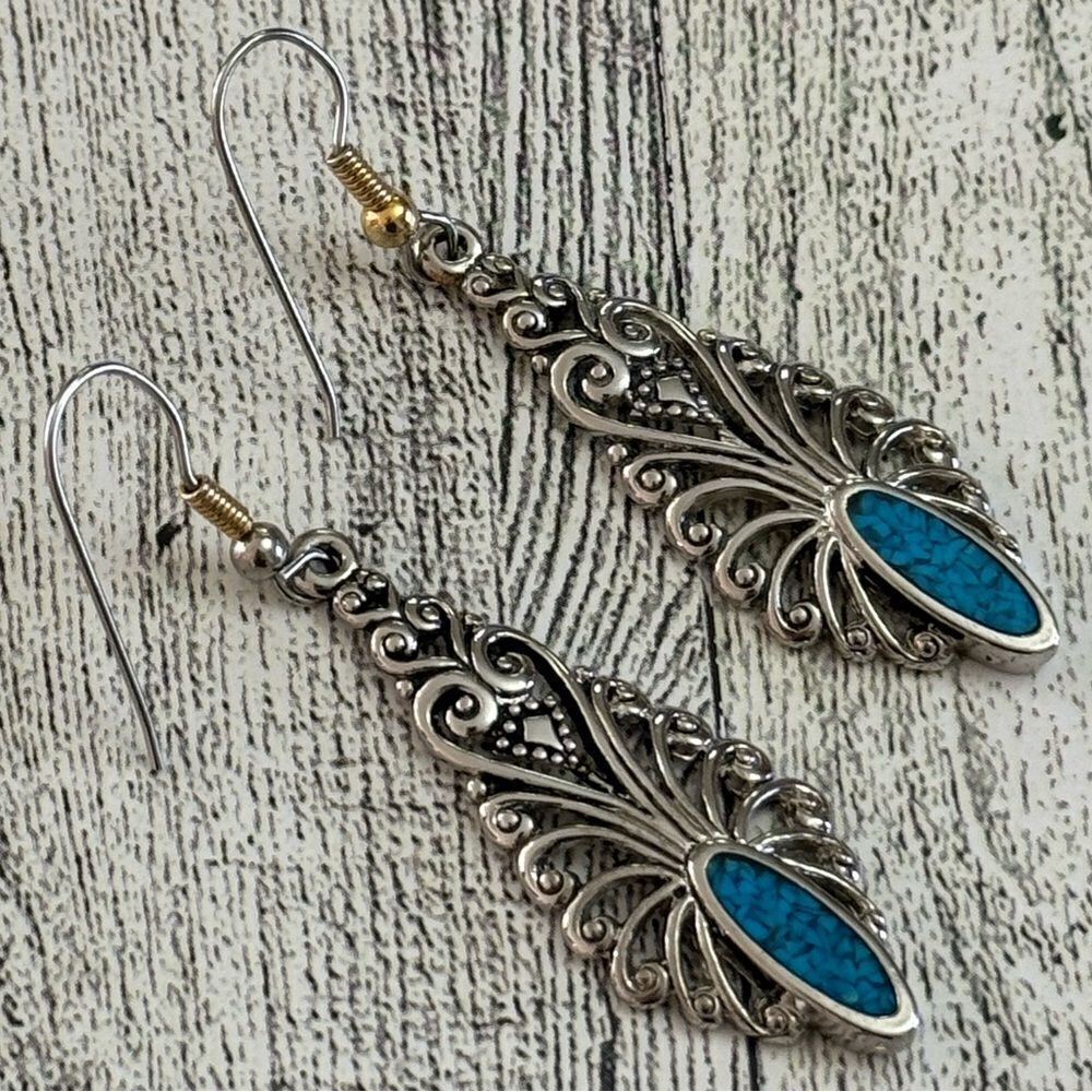 Turquoise Inlayed Dangle Earrings - Picture 3 of 4